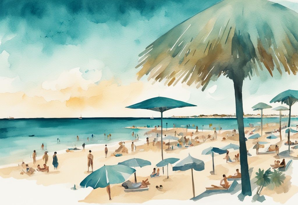 Minimalistisk akvarellillustration av Melissi Beach Ayia Napa med gyllene sand, klart blått vatten, livlig himmel och solbadare med strandparasoller.