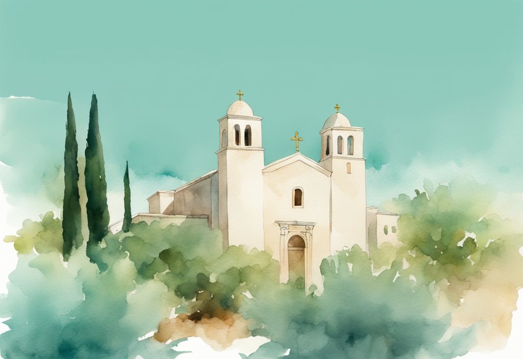 Minimalistisk akvarellillustration av Ayia Napa Monastery, med antik stenkonstruktion omgiven av frodig grönska under en klar medelhavshimmel, huvudsaklig färgtema är teal.