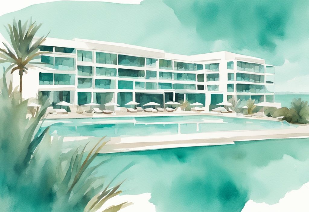 Minimalistisk akvarellillustration av Amarande Ayia Napa hotell med turkos Medelhav i bakgrunden och frodig grönska i förgrunden.