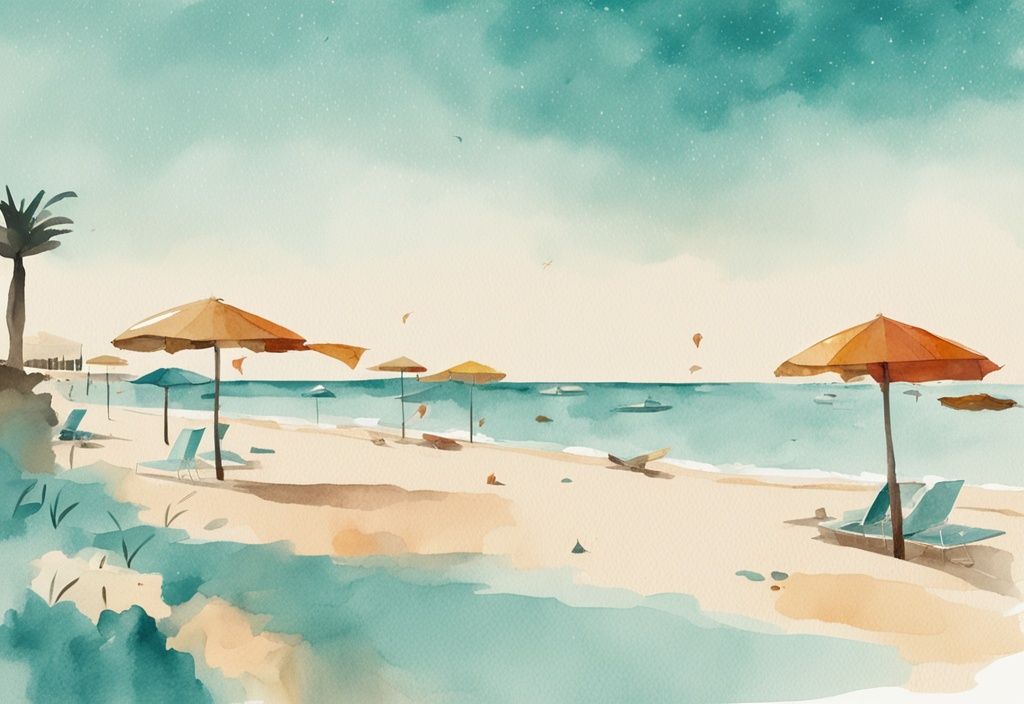 Minimalistisk akvarellillustration av Ayia Napa-stranden i oktober, med höstfärgade parasoller och klar himmel, i en behaglig bris, dominerad av teal färg.