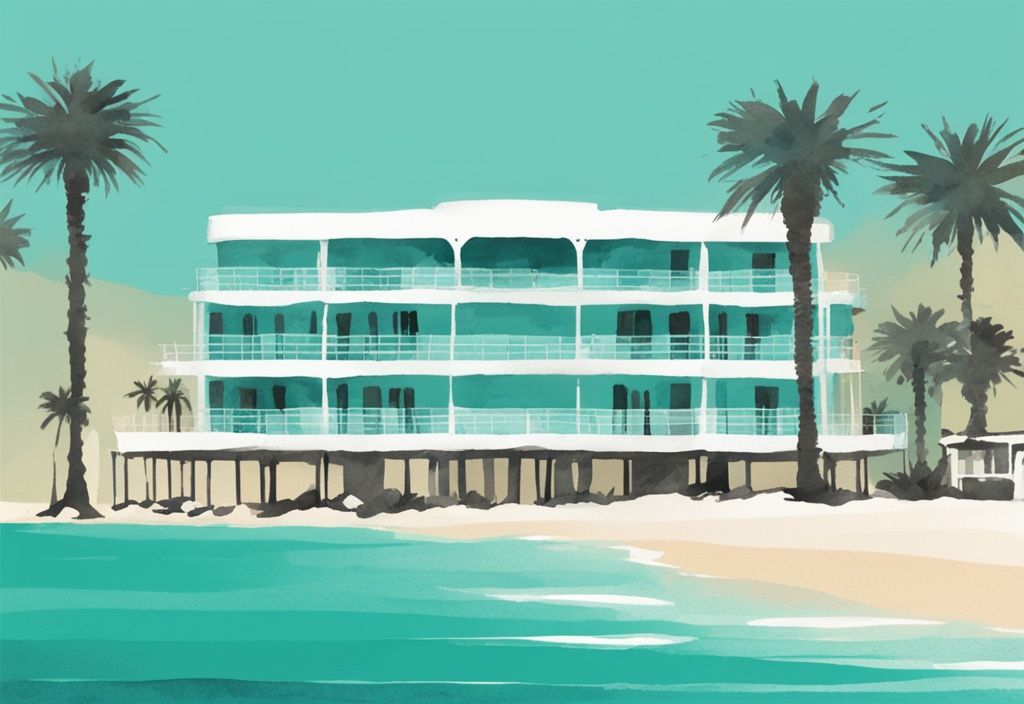 Minimalistisk akvarellillustration av Anonymous Beach Hotel Ayia Napa, inramad av palmer, med turkost hav och orörd sand i förgrunden.