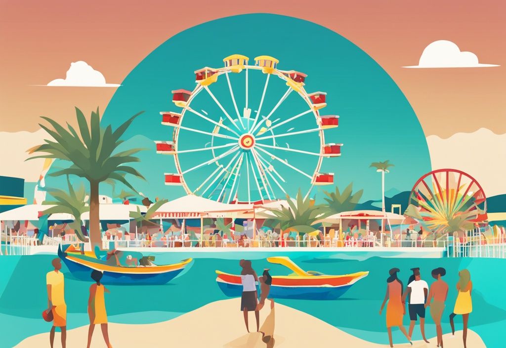 Minimalistisk akvarellillustration av Luna Park Ayia Napa med färgglada åkattraktioner, glada besökare och en fantastisk medelhavsutsikt i teal färgtema.