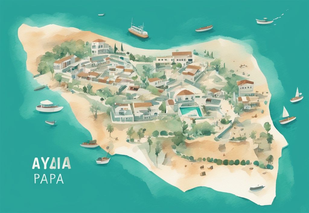 Minimalistisk akvarellillustration som visar en detaljerad cypern karta ayia napa med framträdande landmärken och turistattraktioner i Ayia Napa.