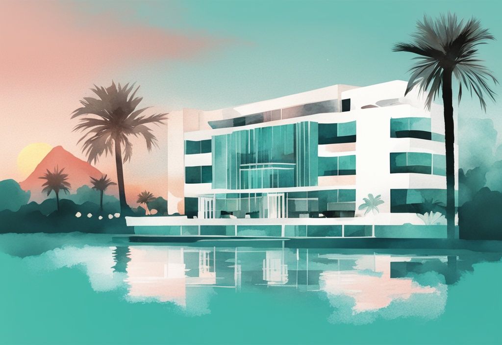 Minimalistisk akvarell av River Rock Hotel Ayia Napa, unik arkitektur, tropiska palmer, vacker solnedgång, teal färgtema.