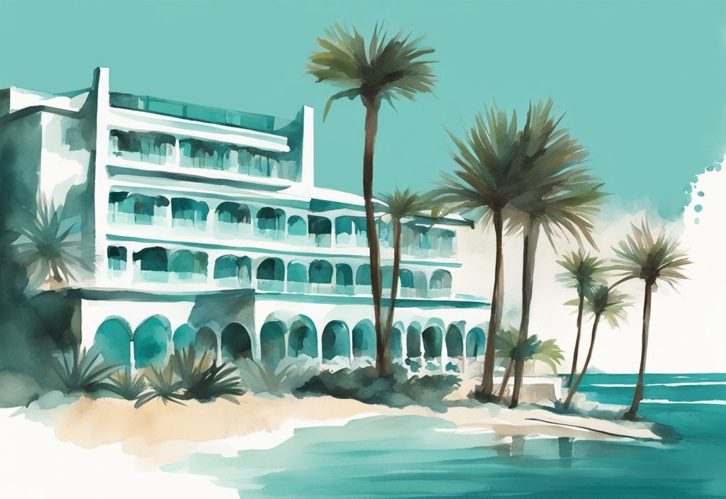 Minimalistisk akvarellillustration av Anmaria Beach Hotel Ayia Napa, omgiven av palmer och med utsikt över Medelhavet.