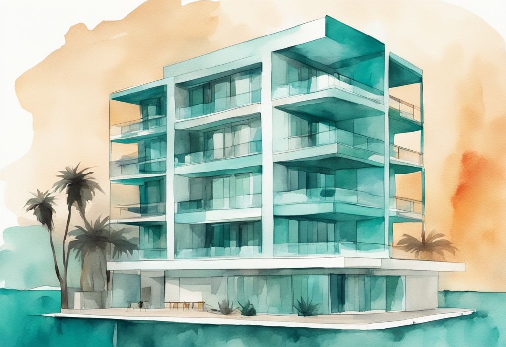 Minimalistisk akvarellillustration av Liquid Hotel Apartments Ayia Napa med modern arkitektur, lyxiga faciliteter och vackra omgivningar i varmt solljus, huvudsakligen i teal färgtema.