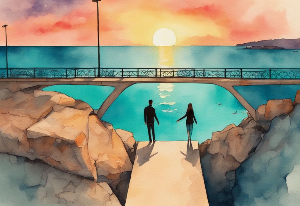 Minimalistisk akvarellillustration av Kärleksbron i Ayia Napa, Cypern vid solnedgång, med ett par som står vid kanten och blickar ut över det lugna havet, huvudsaklig färgtema är teal.