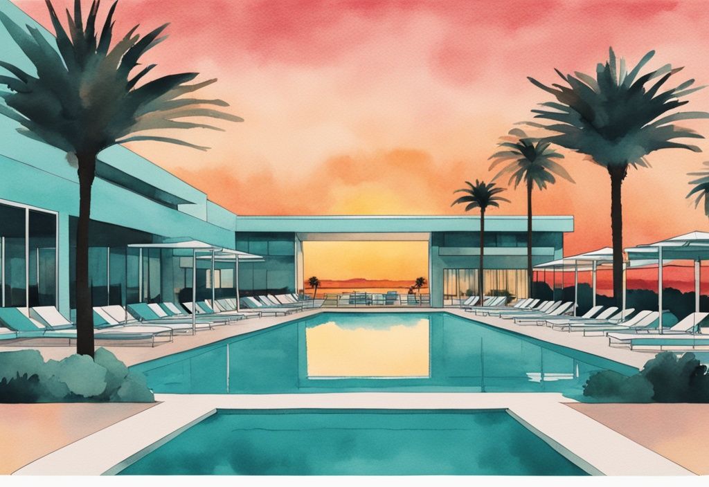 Minimalistisk akvarellillustration med solnedgång över Faros Hotel Ayia Napa, pooler och palmer i förgrunden, i en färgskala av teal.