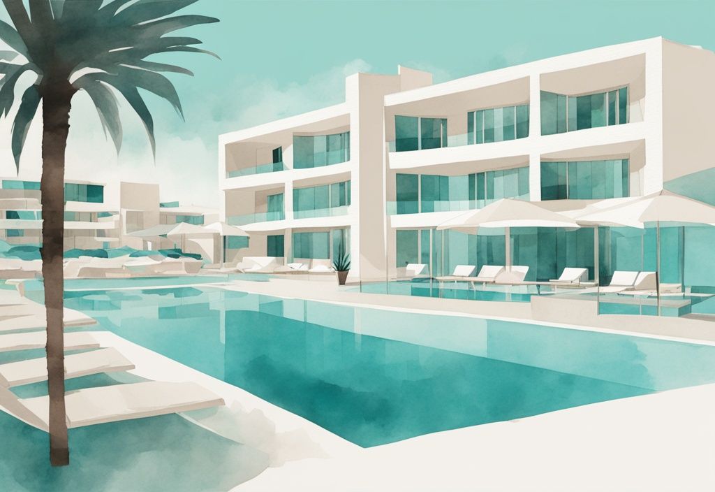 Minimalistisk akvarellillustration av ett modernt aparthotel i Ayia Napa med stor poolområde, modern arkitektur och vackra omgivningar i teal färgtema.