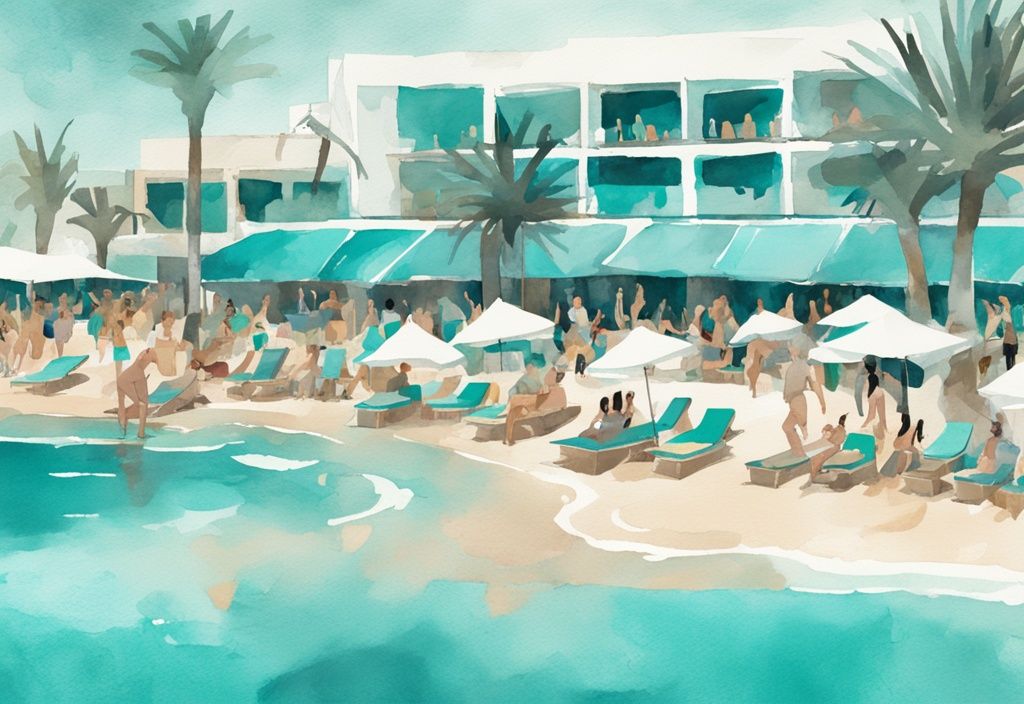 Minimalistisk akvarellillustration av en livlig scen på en lyxig strandklubb i Ayia Napa med solstolar, parasoller, festdeltagare och en DJ som spelar musik vid det turkosa Medelhavet.