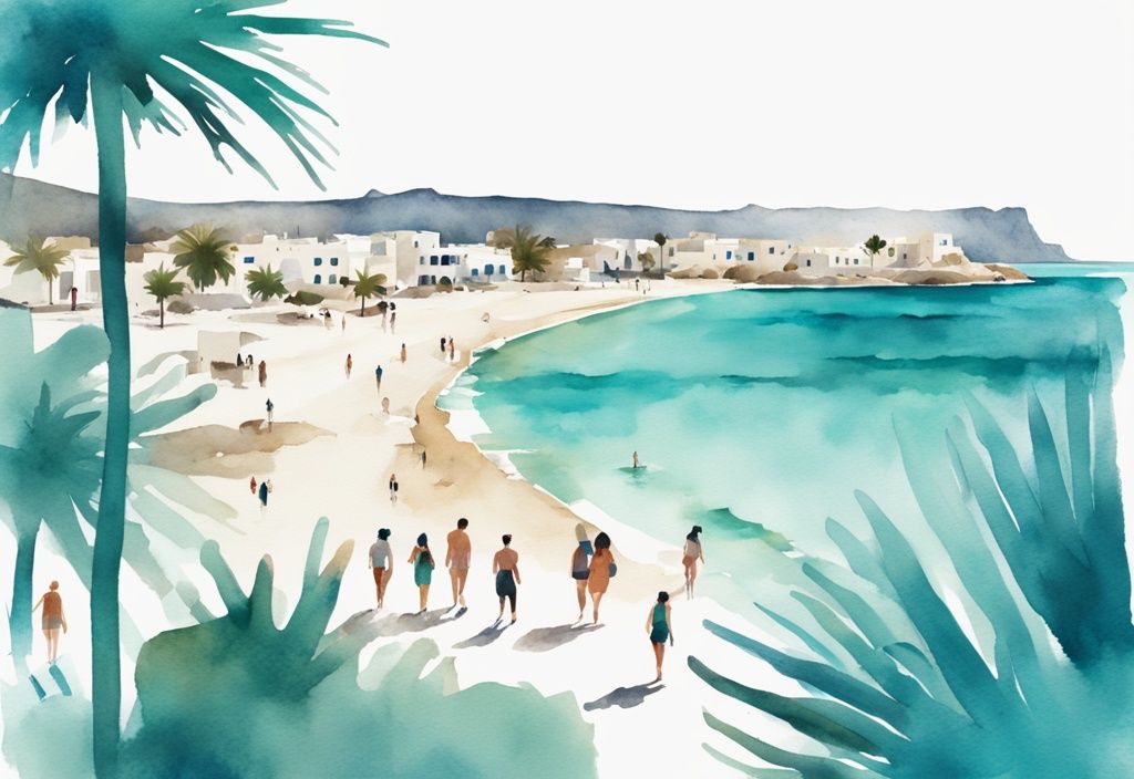 Minimalistisk akvarellillustration av glada turister som utforskar Ayia Napas kristallklara stränder, historiska kloster och livliga nattliv - utflykter ayia napa.