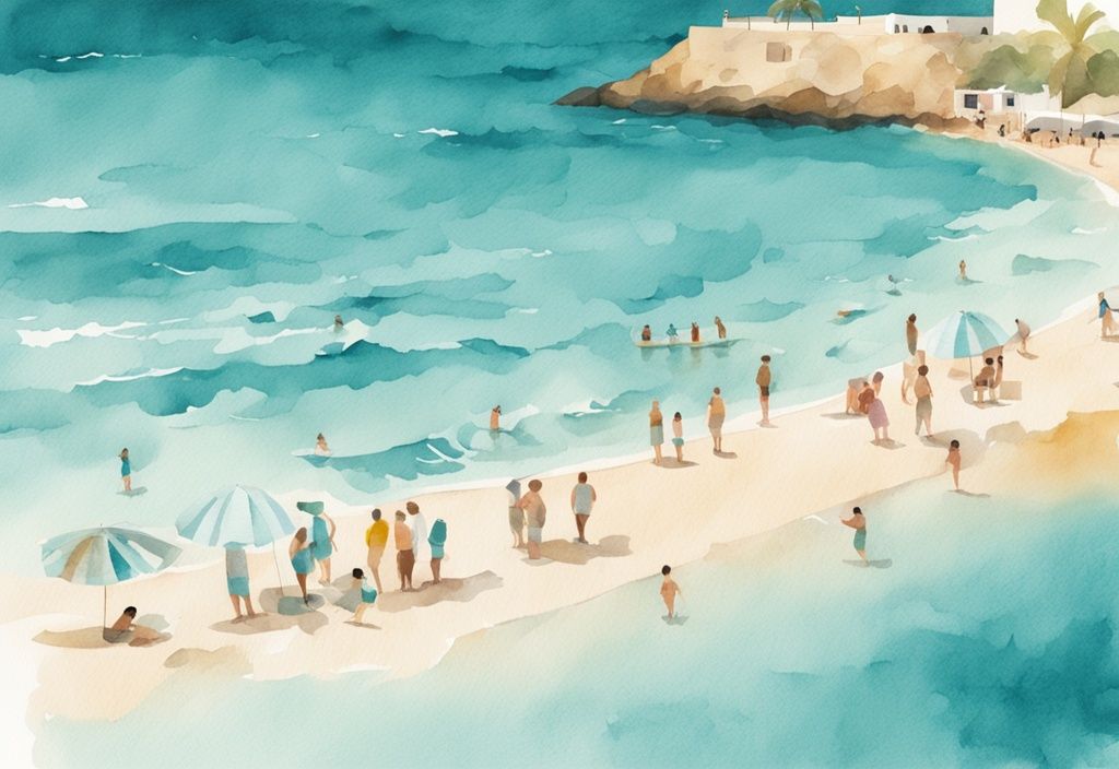 Minimalistisk akvarellillustration av en solig strandscen i Ayia Napa i maj, med människor som njuter av det varma klara vädret; väder ayia napa maj.