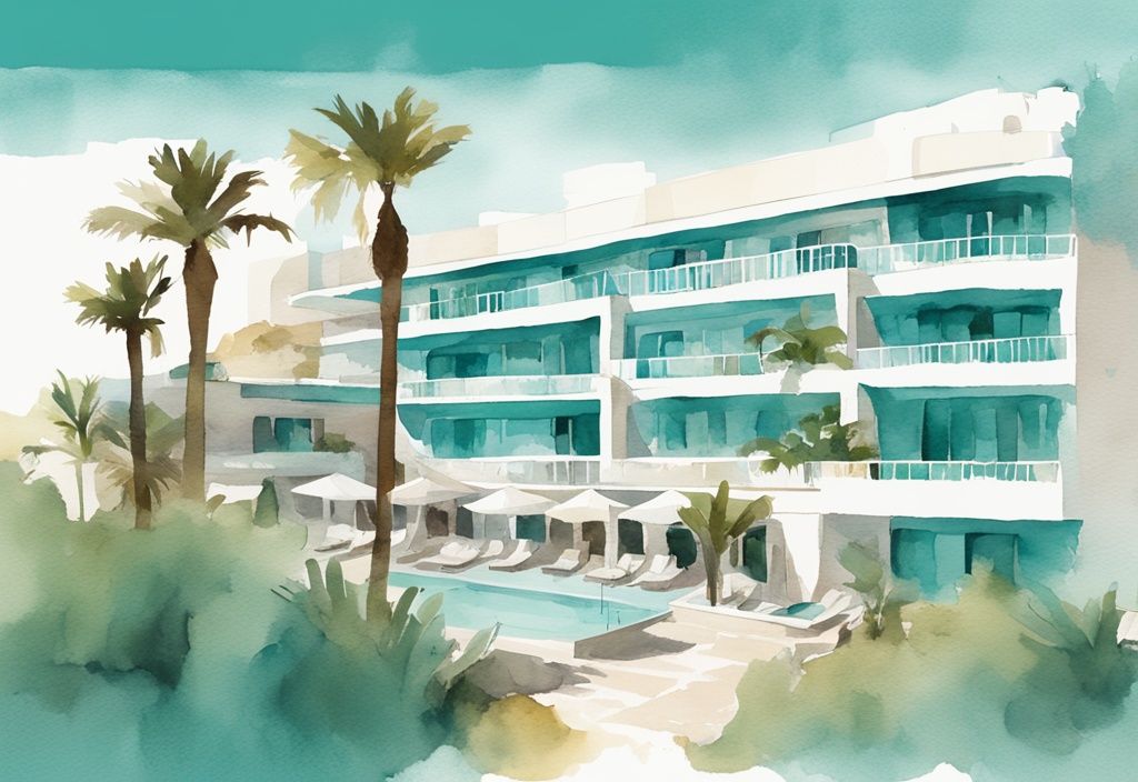 Minimalistisk akvarellillustration av Stamatia Hotel Ayia Napa med imponerande arkitektur och frodig grönska under azurblå Medelhavshimlen.