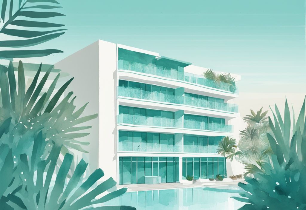 Minimalistisk akvarellillustration av Faros Hotel Ayia Napa omgiven av frodiga tropiska växter mot en klar himmel, med huvudfärgtema i teal.