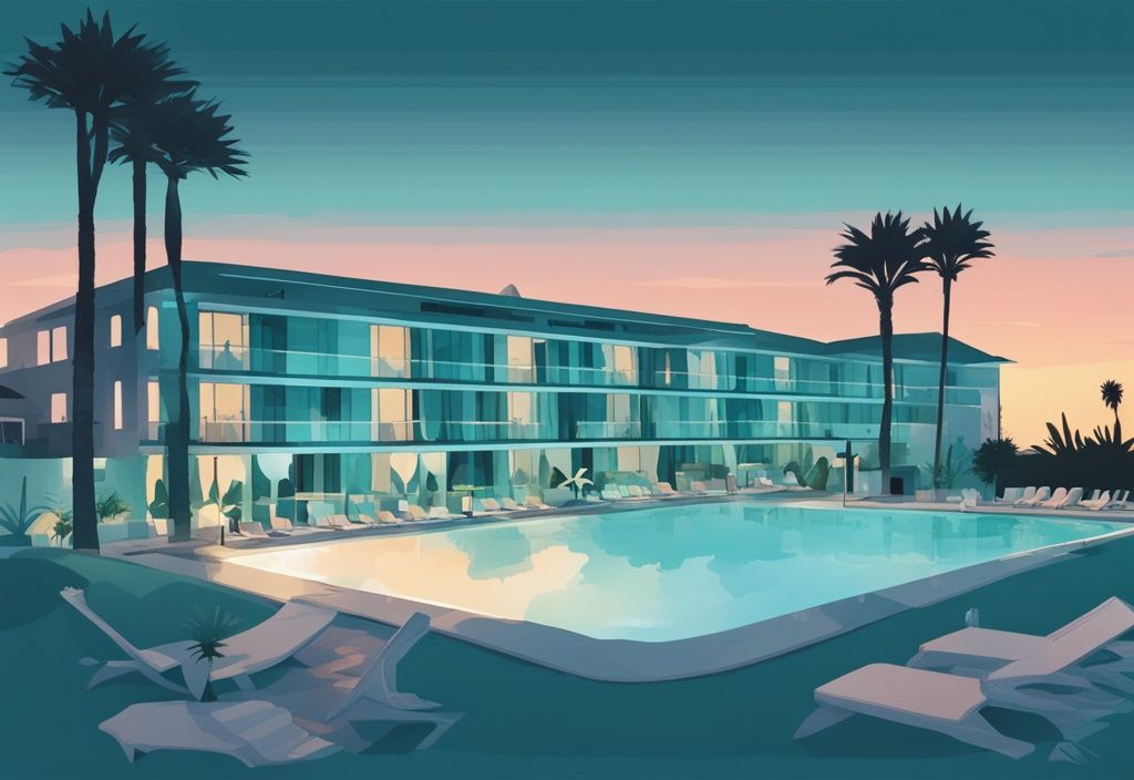 Minimalistisk akvarellillustration av Christabelle Hotel Ayia Napa i skymning, visar upplyst exteriör, livlig poolområde och omgivande palmer.