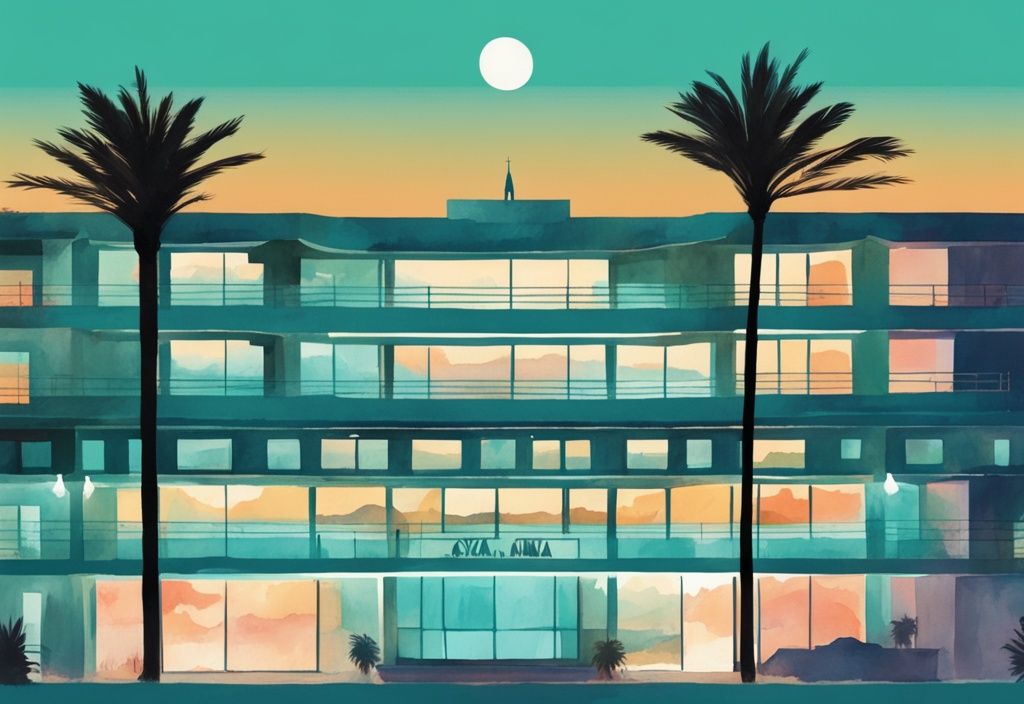 Minimalistisk akvarellillustration av Marina Hotel Ayia Napa vid det lugna turkosa havet med en livfull solnedgång i bakgrunden.