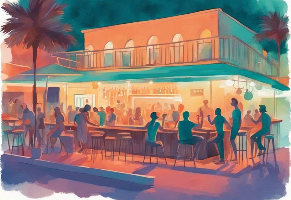 Minimalistisk akvarellillustration av människor som njuter på utomhusbarer och klubbar, upplysta av neonljus, i Ayia Napa, med teal som huvudfärg.