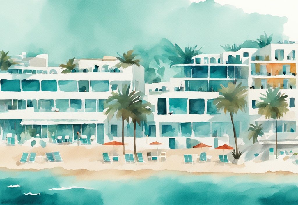 Minimalistisk akvarellillustration av en livlig kustvy med moderna hotell och pulserande nattliv i Ayia Napa, 2024, med teal som huvudfärg.