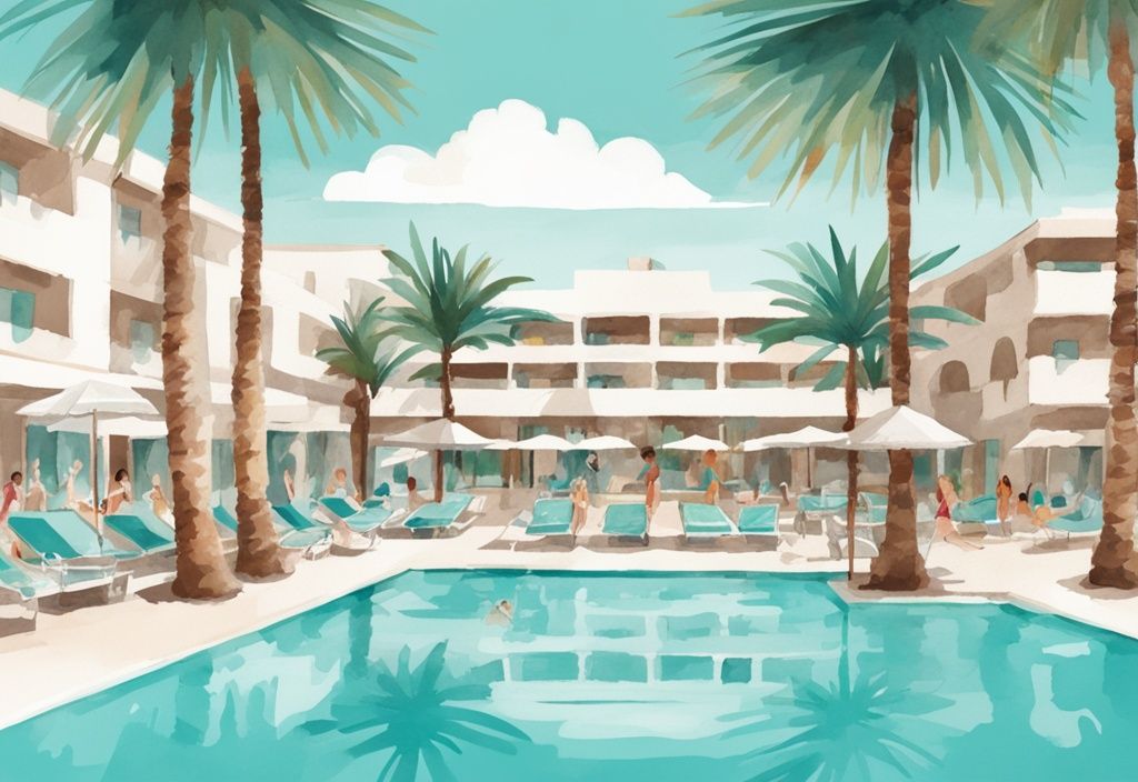 Minimalistisk akvarellillustration av Sunwing Resort Ayia Napa med frodiga palmer, kristallklar pool och familjer som njuter av sommarsemestern.