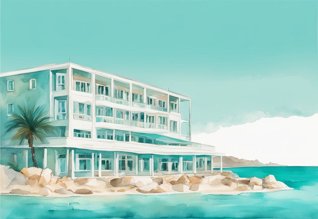 Minimalistisk akvarellillustration av Christofinia Hotel i Ayia Napa, belyst av solen med turkost hav i bakgrunden.