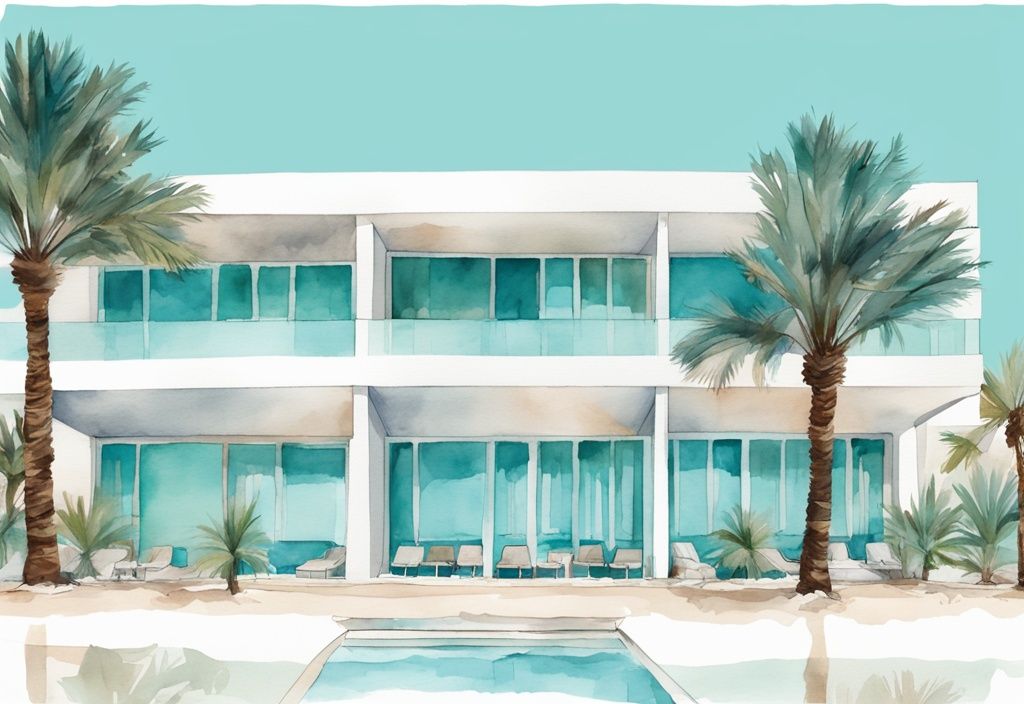 Minimalistisk akvarellillustration av ett lyxigt hotell i Ayia Napa med panoramautsikt över det turkosa havet och palmer.