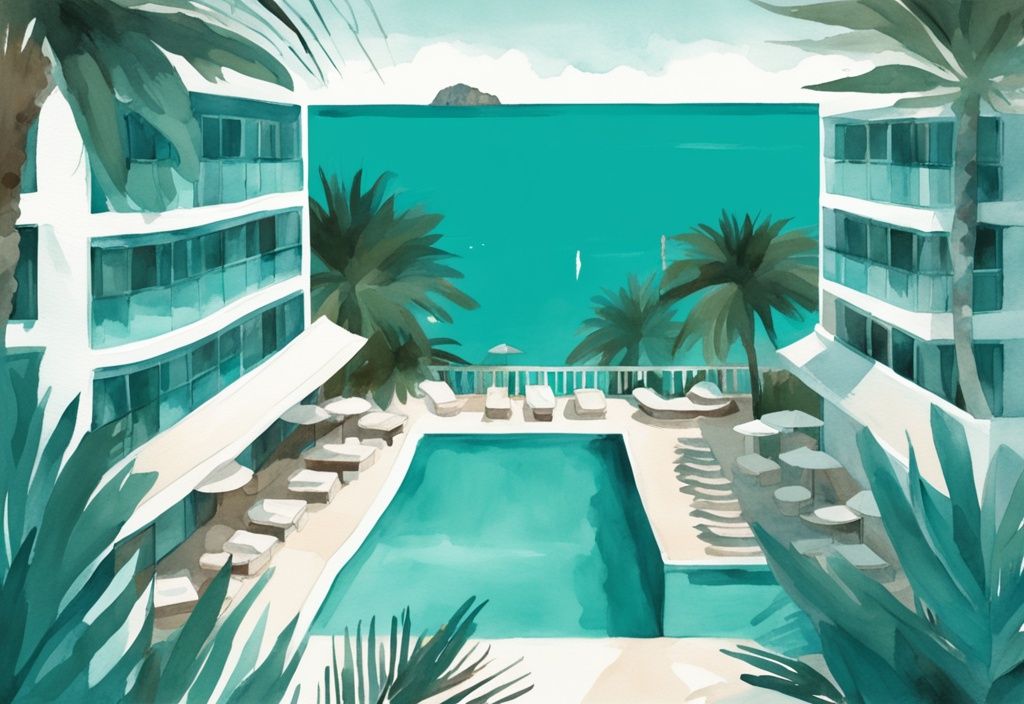 Minimalistisk akvarellillustration av Adams Beach Hotel Ayia Napa med utsikt över det blå havet och omgiven av frodig grönska.