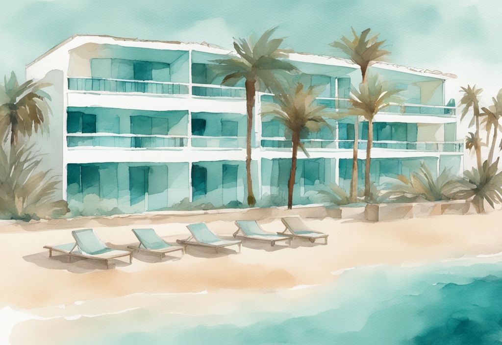 Minimalistisk akvarellillustration av Anmaria Beach Hotel i Ayia Napa med teal färgtema, omgiven av frodiga palmer, en orörd strand och glittrande hav.