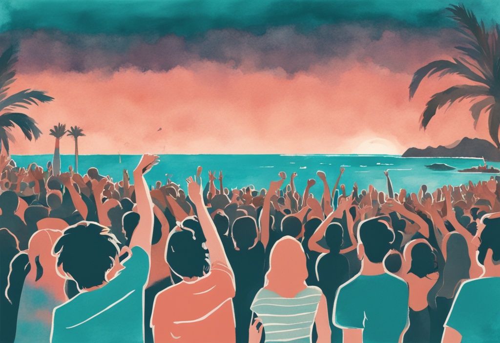 Minimalistisk akvarellillustration av en extatisk publik som njuter av en färgstark och energisk musikfest vid den ikoniska Ayia Napa-kusten under en fantastisk skymningshimmel. Nyckelord: ayia napa fest.