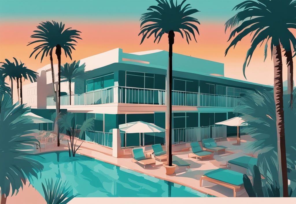 Minimalistisk akvarellillustration av Faros Hotel Ayia Napa med teal-tema, livfull solnedgång över hotellpooler och frodiga palmer i förgrunden.