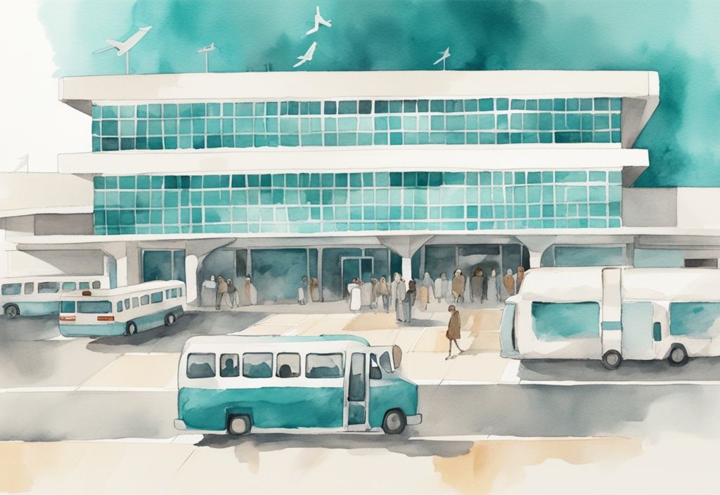 Minimalistisk akvarellillustration av Larnaca flygplats med skylt till Ayia Napa och en bekväm, luftkonditionerad buss redo för avfärd