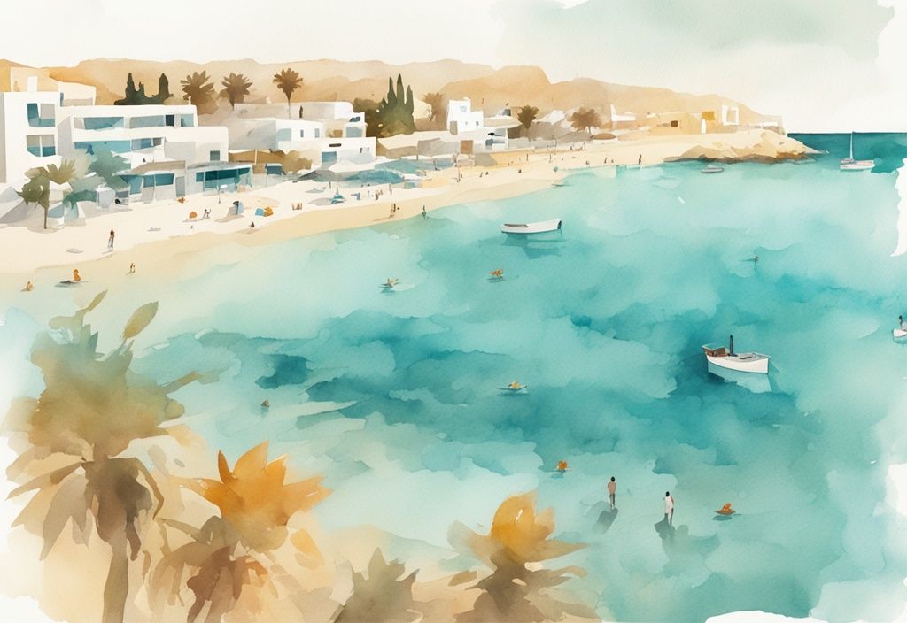 Minimalistisk akvarellillustration av Ayia Napas kustlinje i sen höstsol, med turister och tematisk färg i teal; ayia napa väder november.