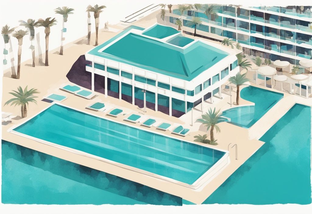 Minimalistisk akvarellillustration av Marina Hotel i Ayia Napa med moderna arkitekturen, glittrande pooler och det azurblå havet i bakgrunden, med huvudsakliga färgtemat teal.