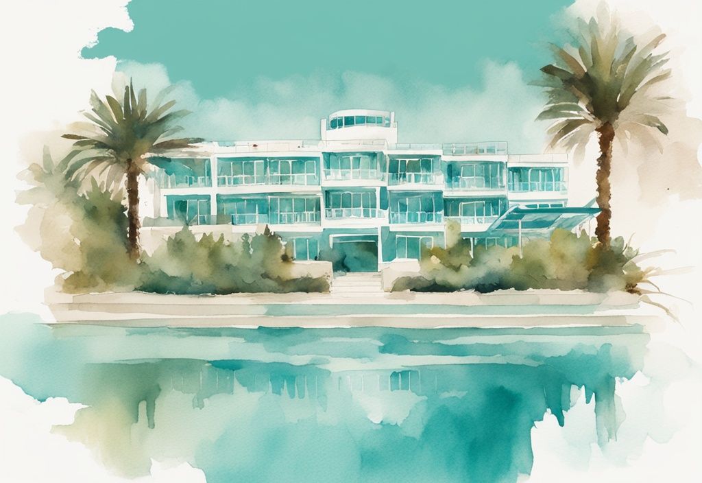 Minimalistisk akvarellillustration av Stamatia Hotel Ayia Napa med imponerande arkitektur och frodig grönska under den azurblå Medelhavshimlen.