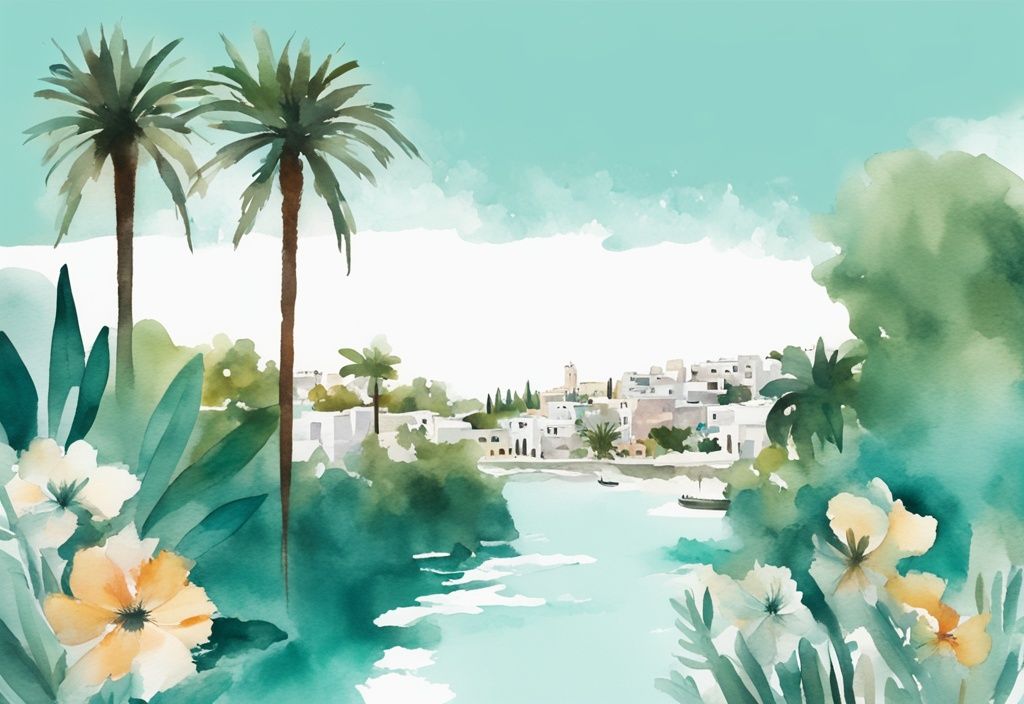 Minimalistisk akvarellillustration av Rio Gardens i Ayia Napa med frodig grönska, livfulla blommor och stadssilhuett i bakgrunden, huvudsaklig färgtema är teal.