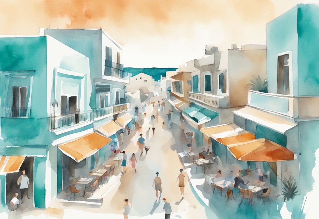 Minimalistisk akvarellillustration av Ayia Napa citys huvudgata med livliga restauranger, unika butiker och det azurblå Medelhavet i bakgrunden.