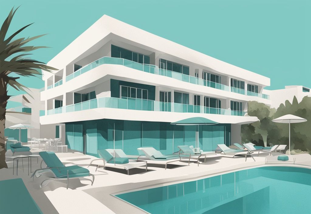 Minimalistisk akvarellillustration av Amanti MadeforTwo Hotel i Ayia Napa med modern arkitektur, grönskande omgivningar och inbjudande pool, perfekt för en romantisk semester, i färgtema av teal.