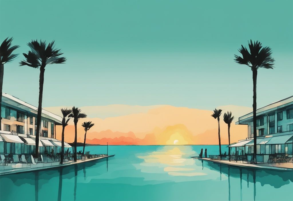 Minimalistisk akvarellillustration av Marina Hotel Ayia Napa vid turkost hav och solnedgång.