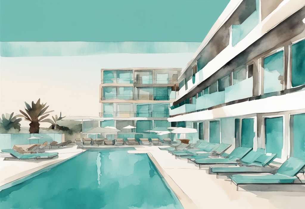 Minimalistisk akvarellillustration av ett samtida lägenhetshotell i Ayia Napa med stor pool, modern arkitektur och vackra omgivningar i teal färgtema.