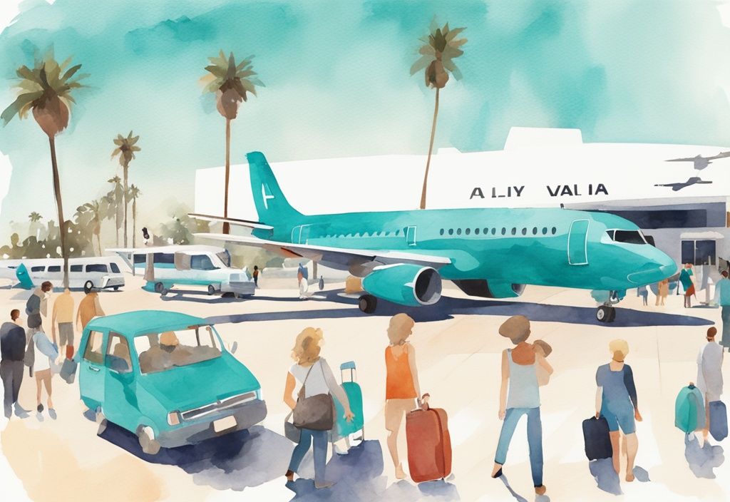 Minimalistisk akvarellillustration av Ayia Napa flygplats med semesterfirare, palmträd och klarblå himmel i teal färgtema.