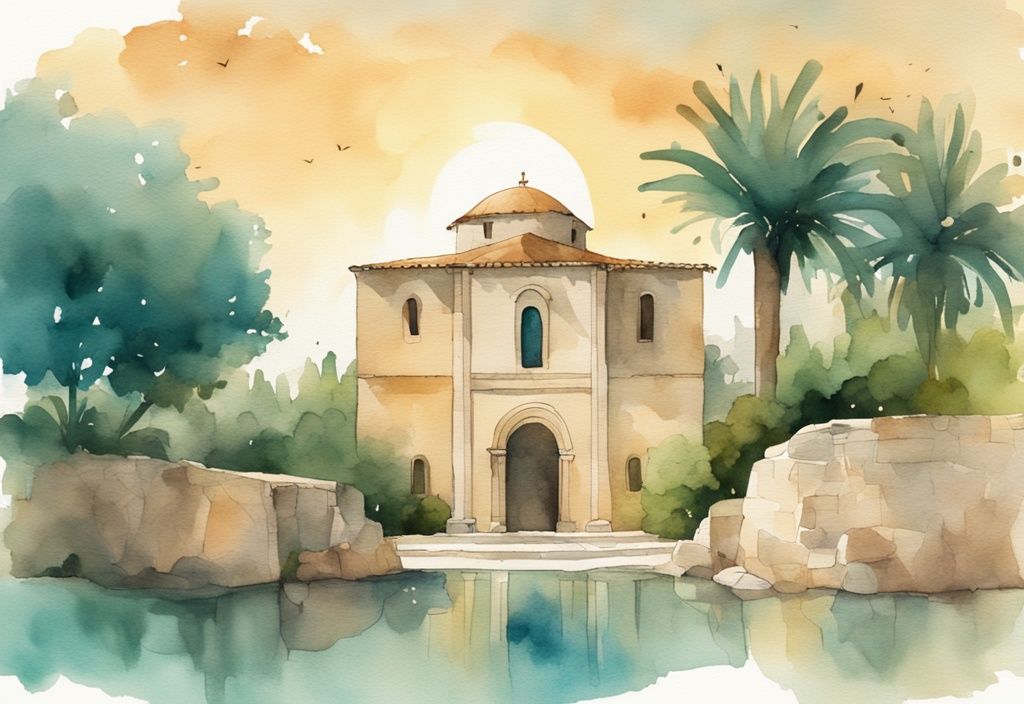 Minimalistisk akvarellillustration av Ayia Napa Monastery i solnedgångens gyllene ljus, omgiven av frodig grönska och belägen som en fridfull oas i en livlig stad, med huvudfärgerna i teal.