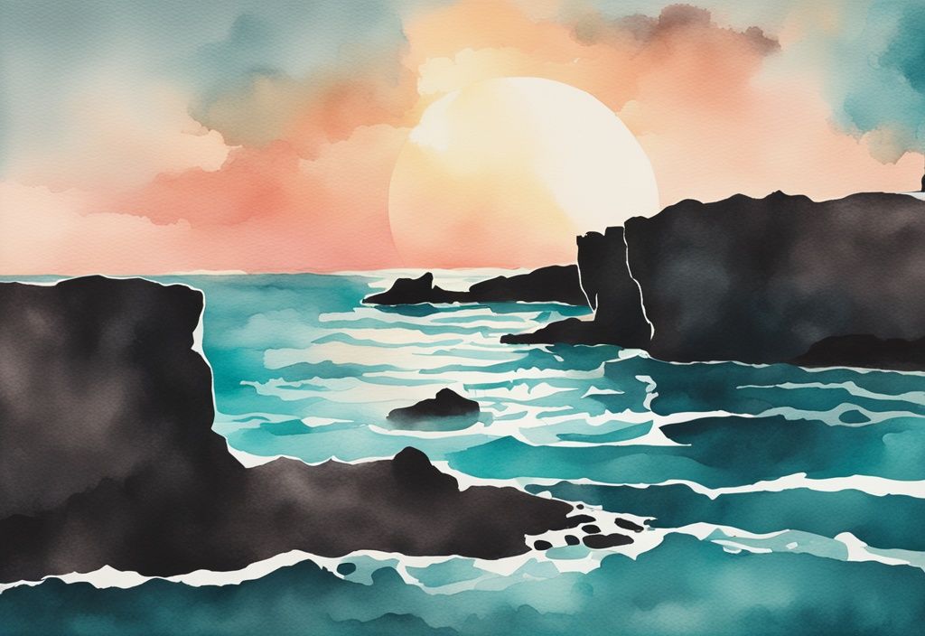 Minimalistisk akvarellillustration av silhuetten av Sea Caves Ayia Napa i teal mot en dramatisk solnedgång, med vågor som slår mot klipporna.