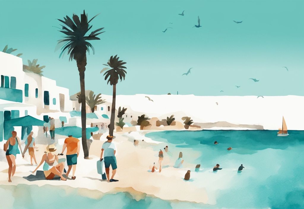 Minimalistisk akvarellillustration av glada turister i Ayia Napa som njuter av aktiviteter som strandliv, kryssningar, nattliv och historiska sevärdheter.