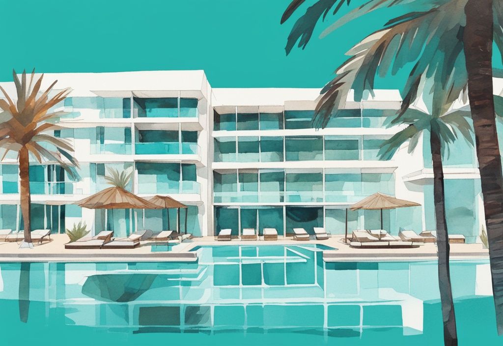 Minimalistisk akvarellillustration av Eleana Hotel Ayia Napa med kristallklart poolområde och exotiska palmer.