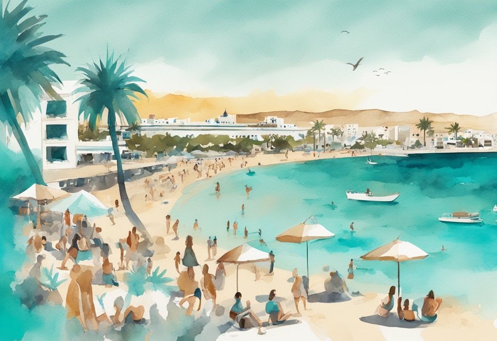 Minimalistisk akvarellillustration av Ayia Napa med turkost hav, livlig sandstrand och ikoniska landmärken som Ayia Napa-klostret och nattlivsplatser.