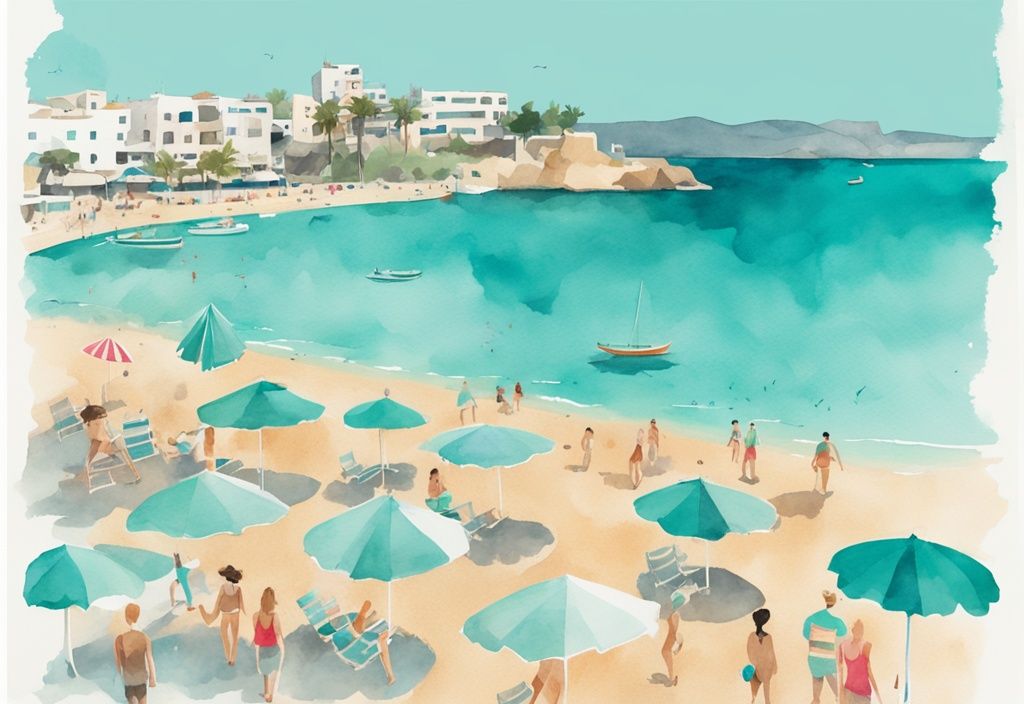 Minimalistisk akvarellillustration av Ayia Napas turkosa vatten, färgglada strandparasoller, solbadande turister och pittoresk arkitektur, resa ayia napa.