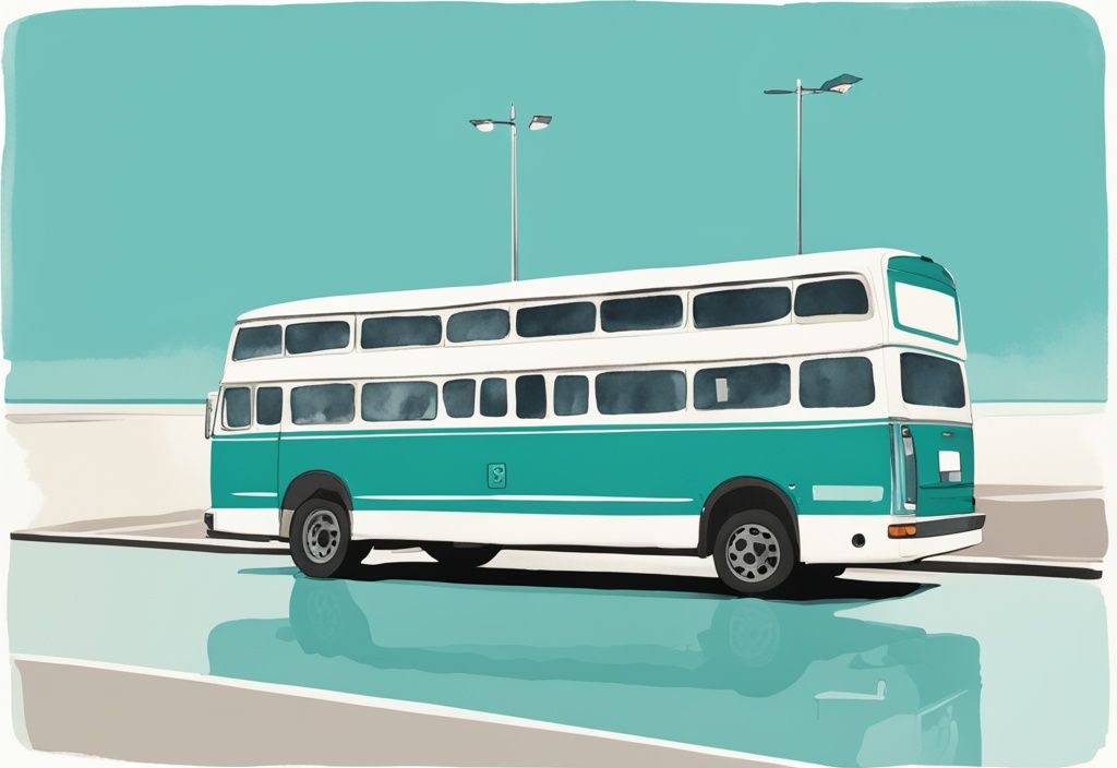 Minimalistisk akvarellillustration av en buss från Larnaca flygplats till Ayia Napa, med en klar medelhavshimmel i bakgrunden och dominerande färgtema i teal.