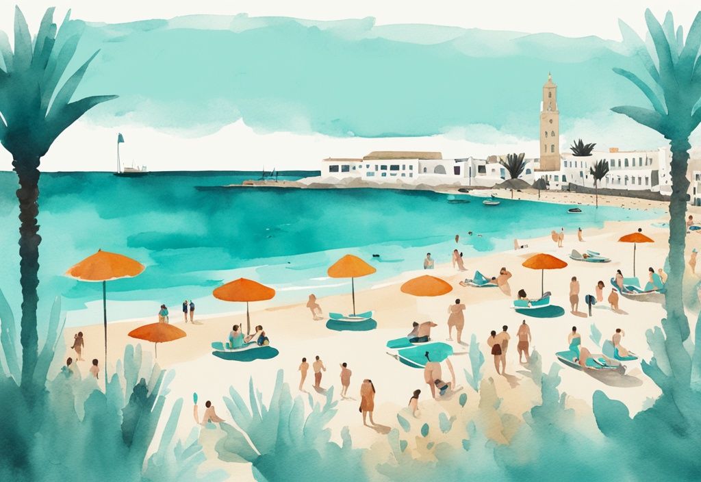 Minimalistisk akvarellillustration av Ayia Napa med turkost hav, livlig sandstrand, Ayia Napa kloster och nattlivsplatser i bakgrunden.