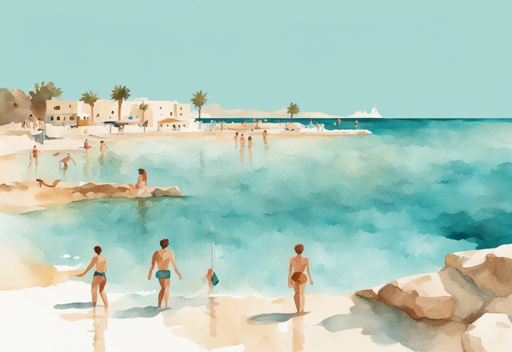 Minimalistisk akvarellillustration av människor som simmar i det kristallklara vattnet i Ayia Napa under en ljus sol, med en digital vattentermometer som visar temperaturen, i färgtemat teal.