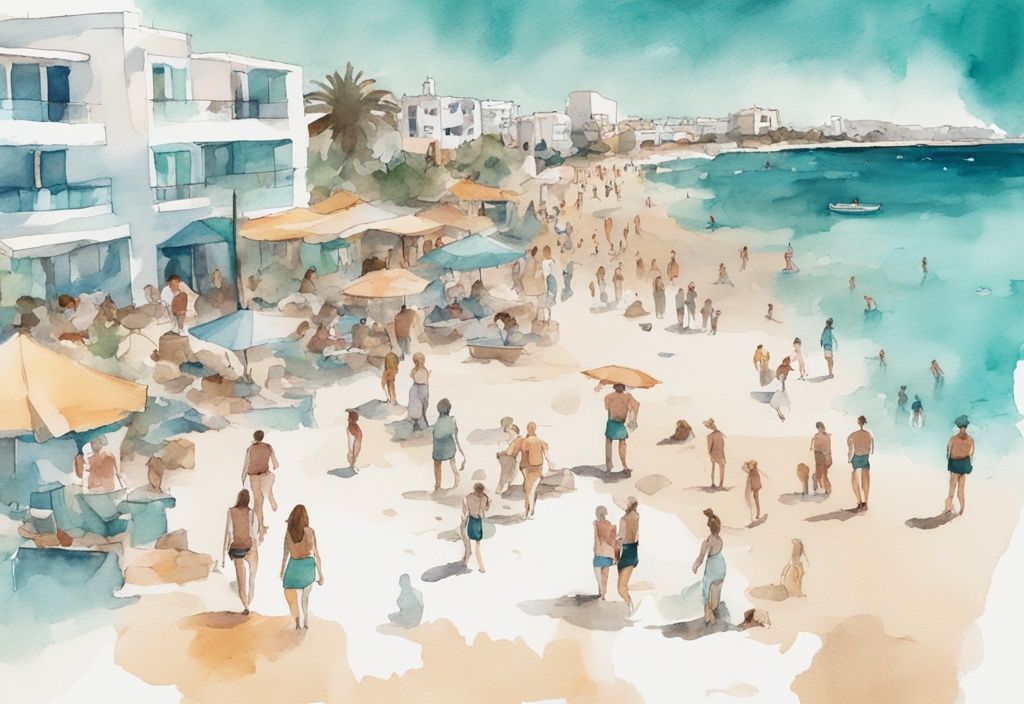 Minimalistisk akvarellillustration av Ayia Napa strand med turister under klarblå himmel, huvudfärg tema är teal.