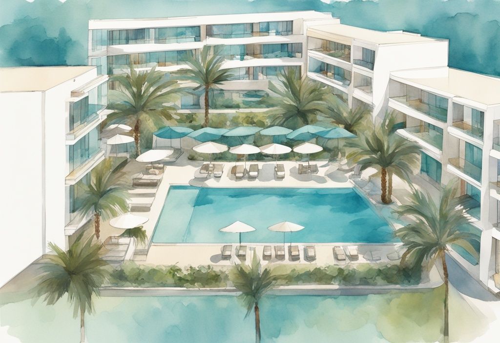 Minimalistisk akvarellillustration av Sunprime Ayia Napa Suites med modern arkitektur, omgiven av frodiga trädgårdar under en klarblå himmel.